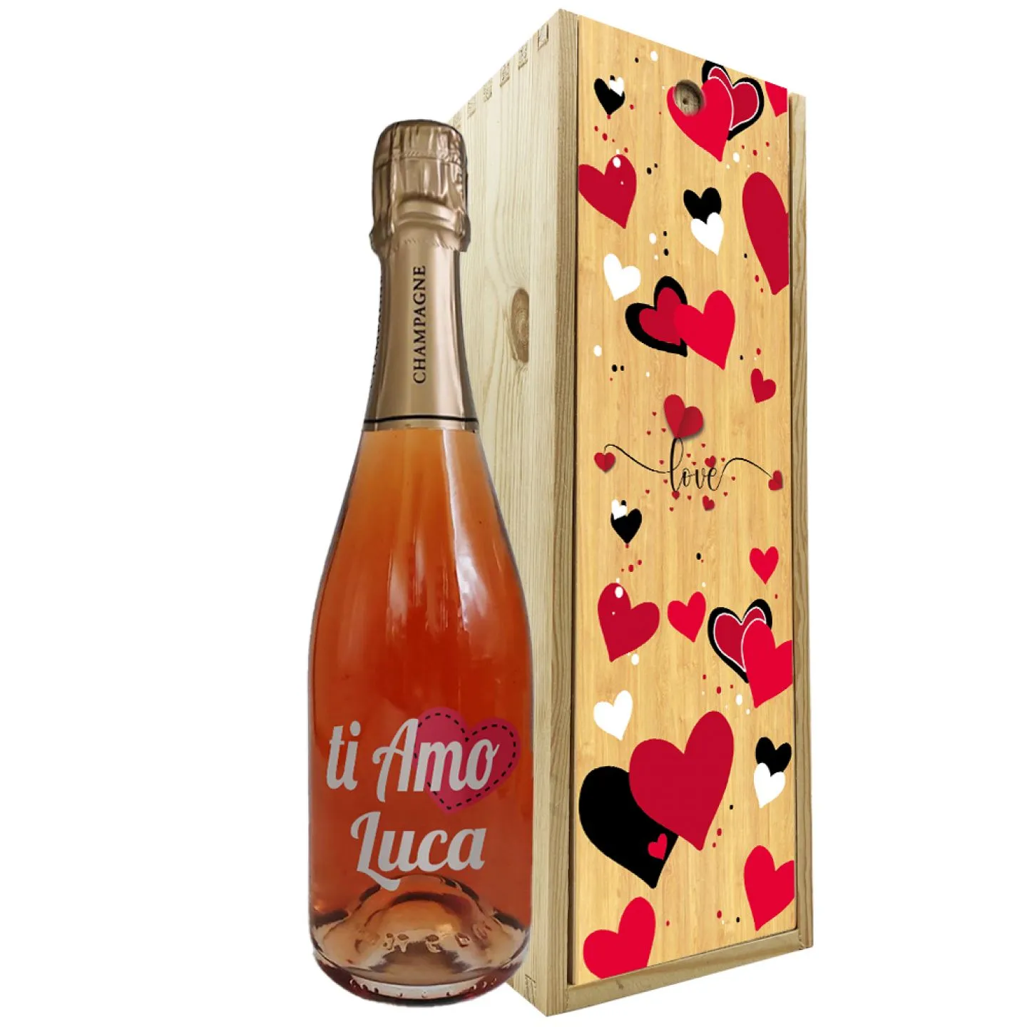 Champagne Rosé personalizzata con cassetta in legno idea regalo per