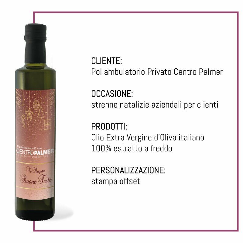 Bottle-Up per Centro Palmer: olio EVO con etichetta personalizzata come strenna natalizia aziendale olio personalizzato strenna natalizia aziendale centro palmer