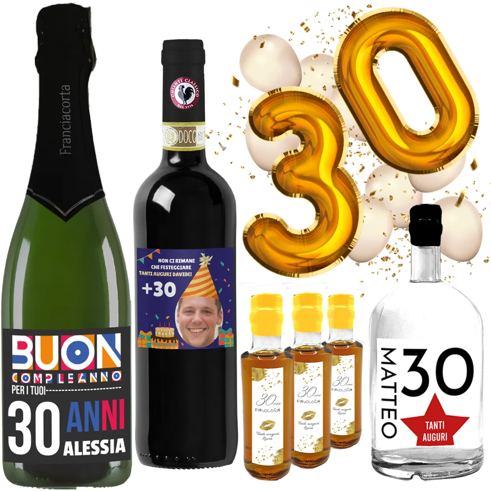 Bottiglia personalizzata e confezione idea regalo compleanno 30