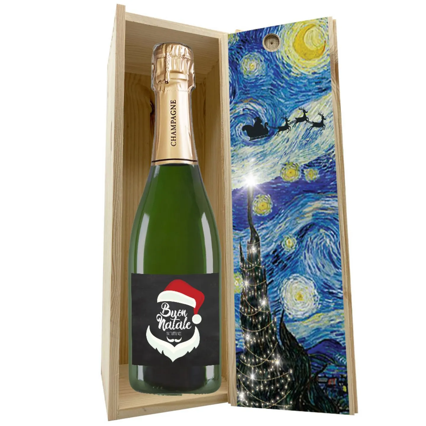 Champagne Brut - Bottiglia personalizzata per Natale con cassetta in legno