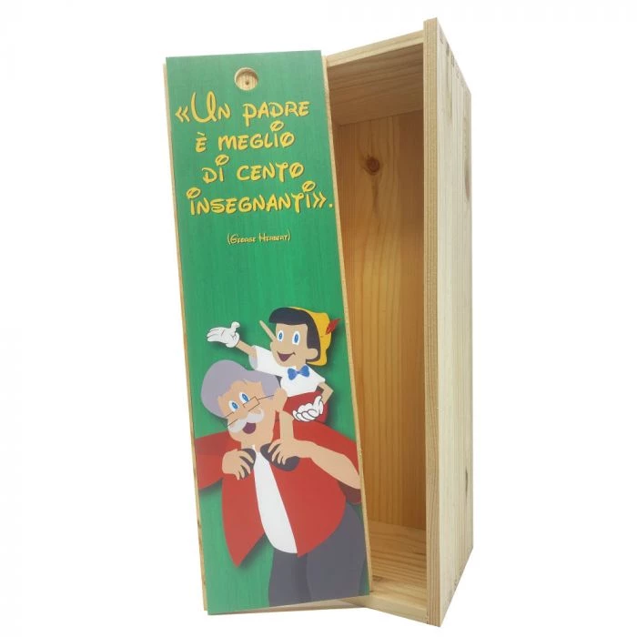 Wodden box for 1 bottle 0.75 L - Sticker Pinocchio and Geppetto