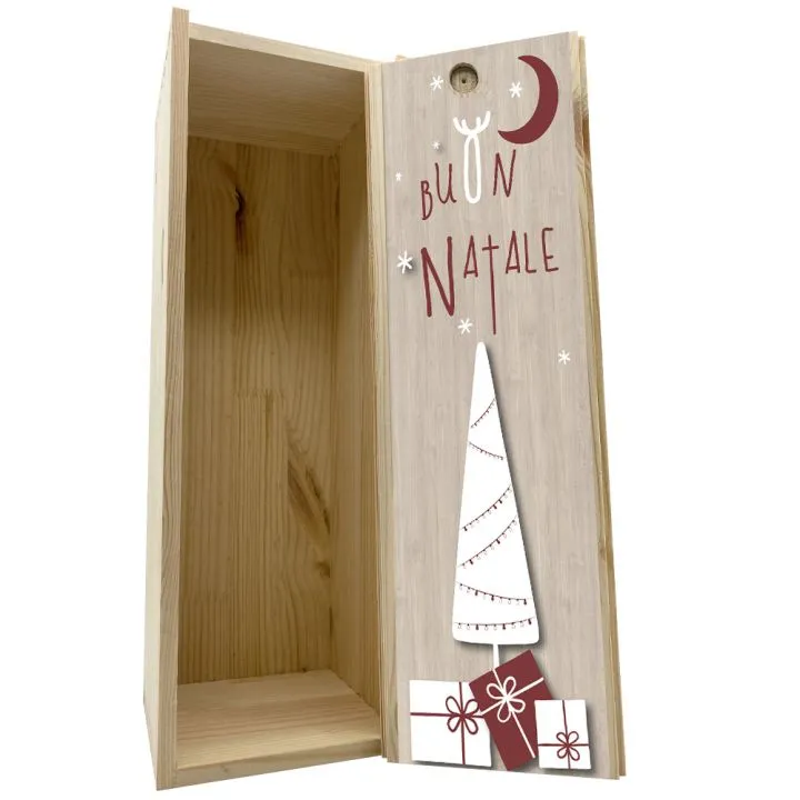 Wooden box 1 bottle 0,75 L - Merry Christmas, tree and gifts