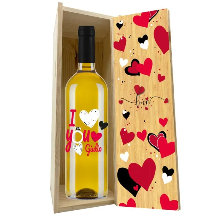 Regalo San Valentino - Bottiglia vino personalizzata e cassa legno